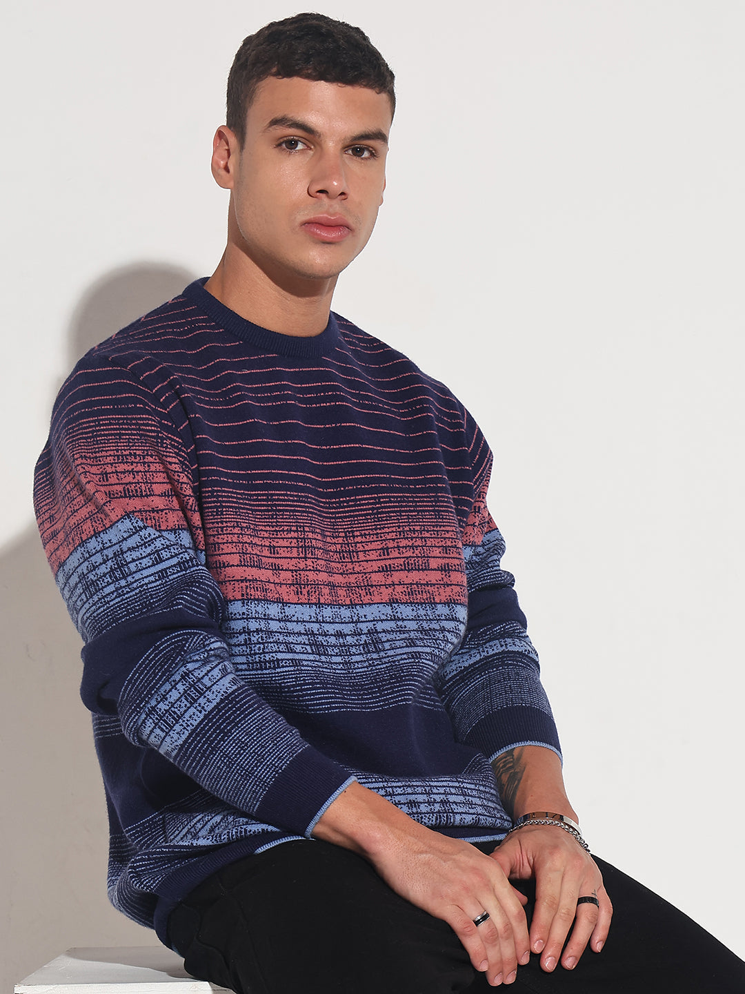 Men's Striped Blue Gradient Ribbed Round Neck Sweater