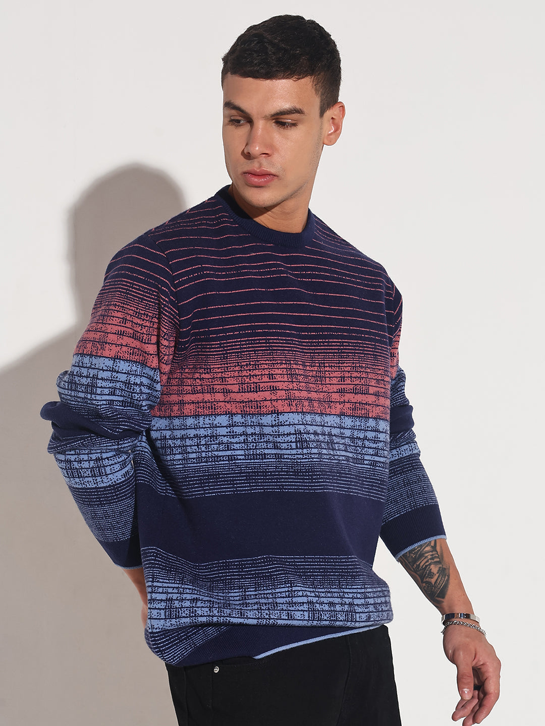 Men's Striped Blue Gradient Ribbed Round Neck Sweater