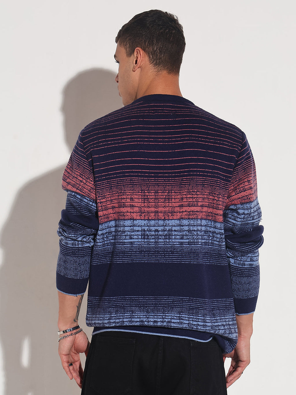 Men's Striped Blue Gradient Ribbed Round Neck Sweater