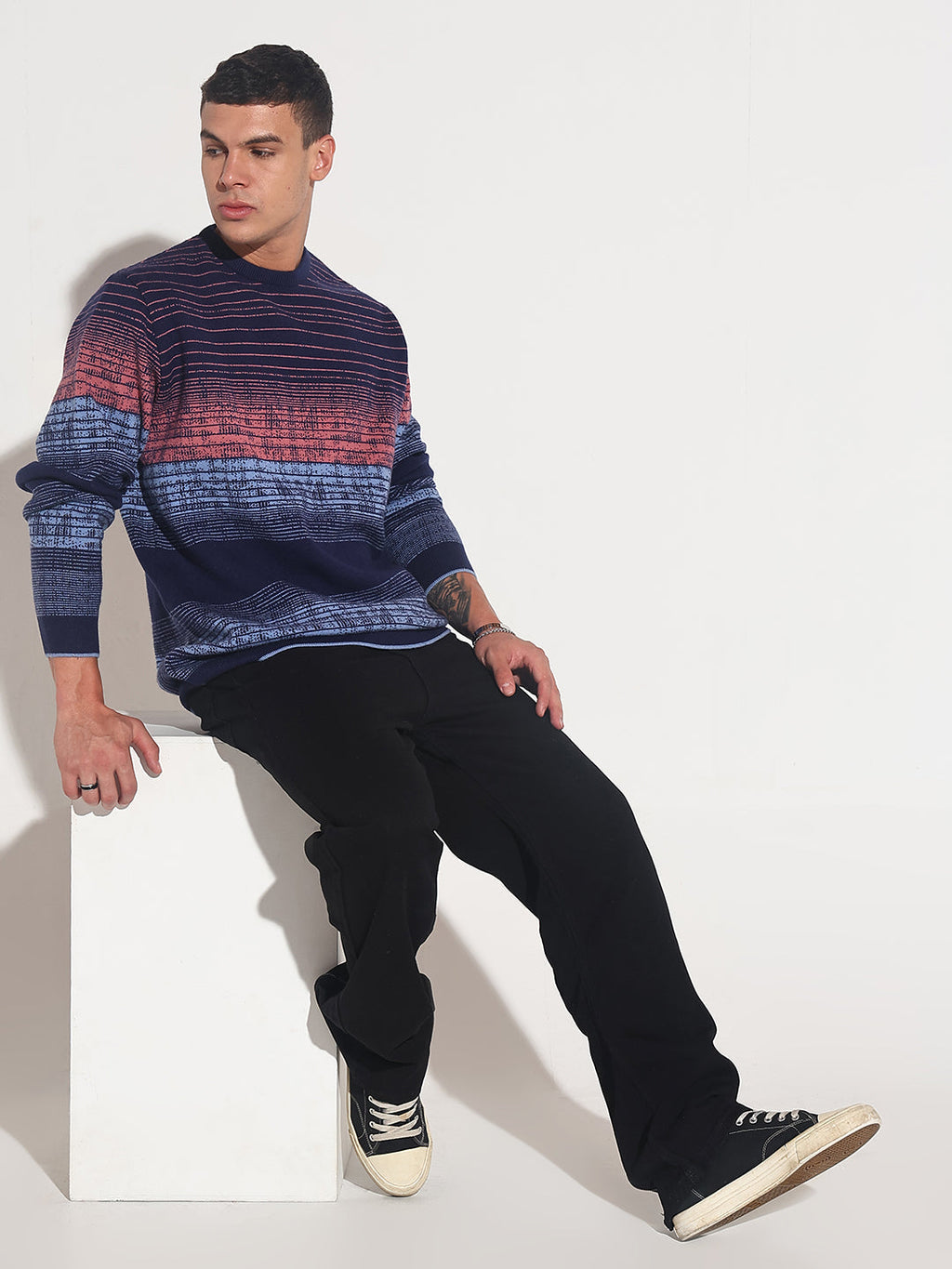 Men's Striped Blue Gradient Ribbed Round Neck Sweater
