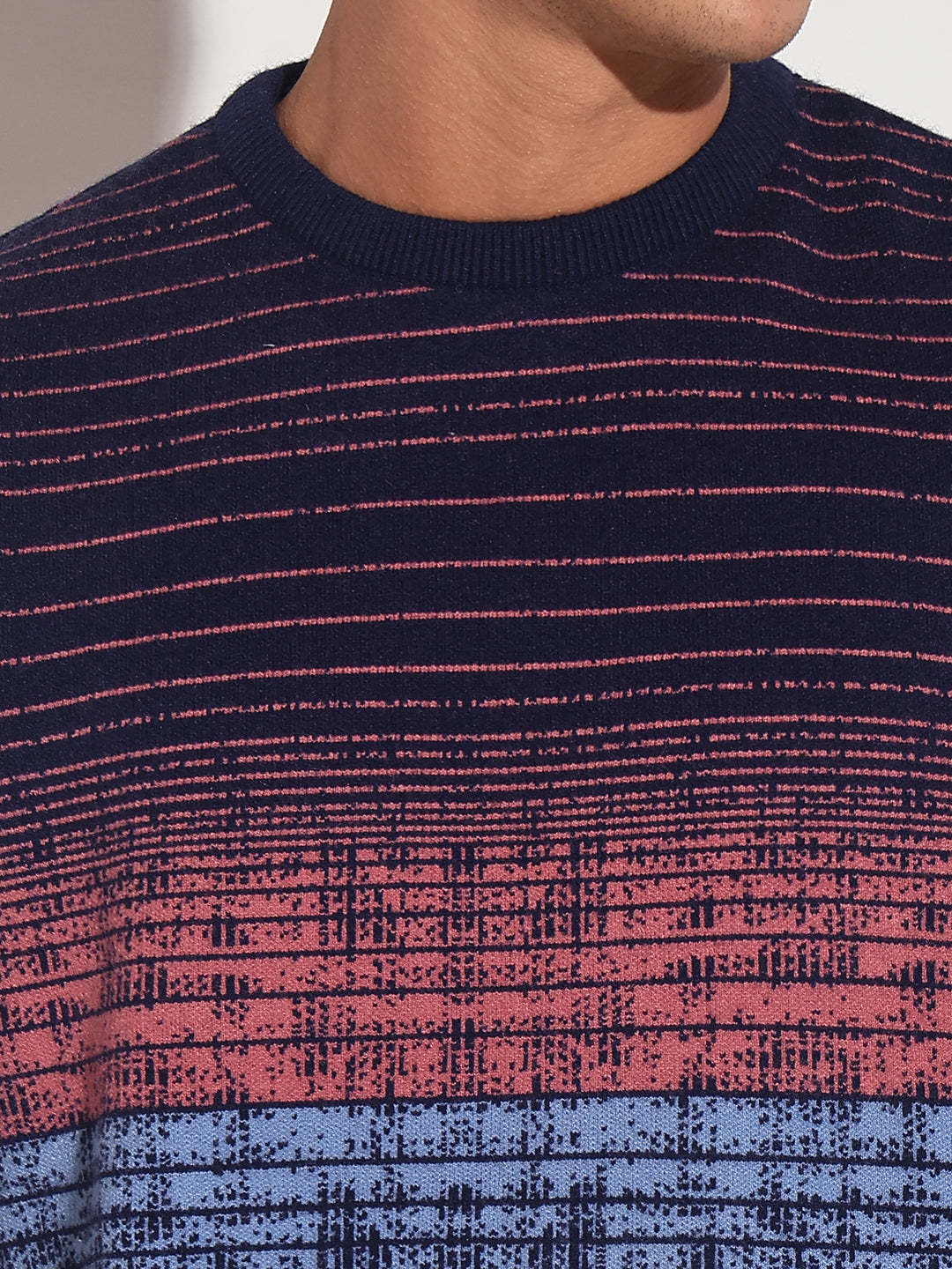 Men's Striped Blue Gradient Ribbed Round Neck Sweater