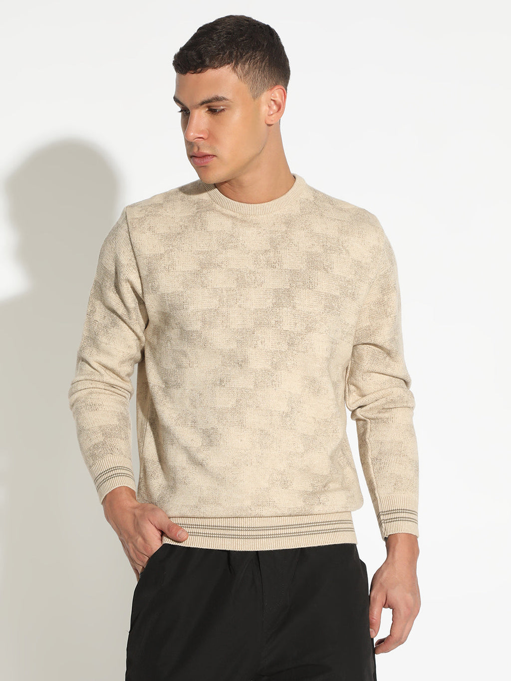 Men's Geometric Beige Ribbed Round Neck Sweater
