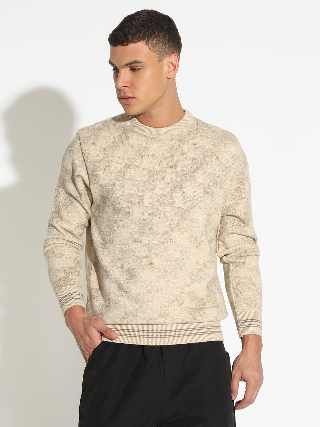 Men's Geometric Beige Ribbed Round Neck Sweater