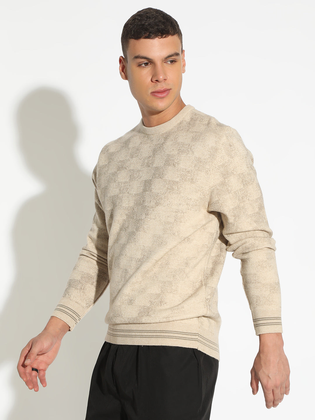 Men's Geometric Beige Ribbed Round Neck Sweater