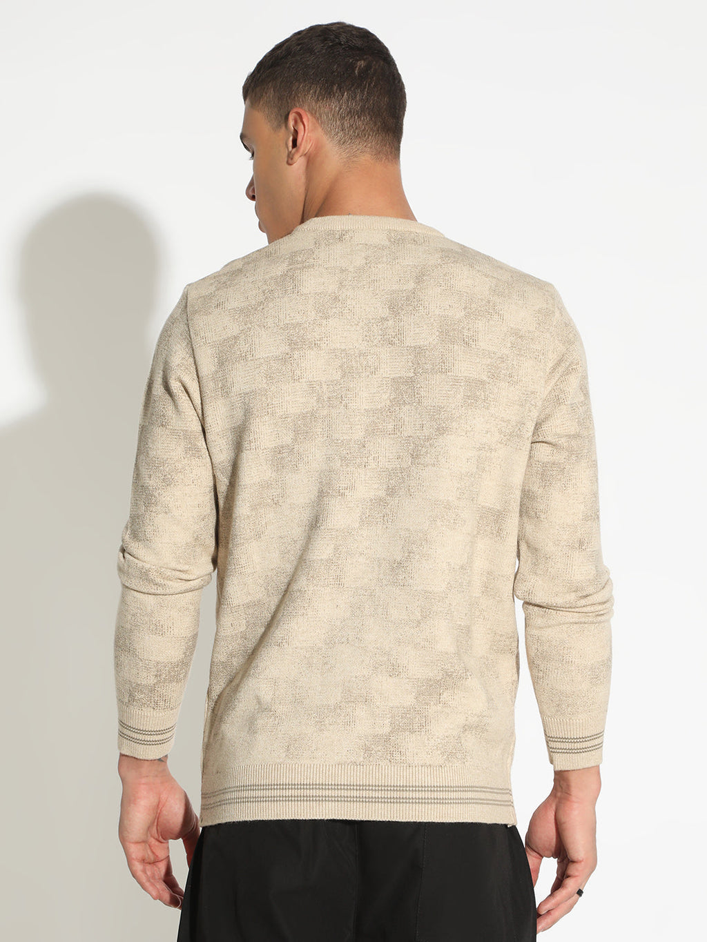 Men's Geometric Beige Ribbed Round Neck Sweater