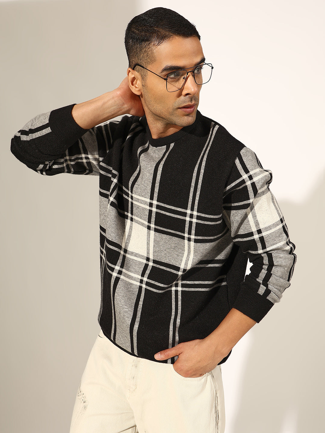 Men's Checked Black Ribbed Round Neck Sweater