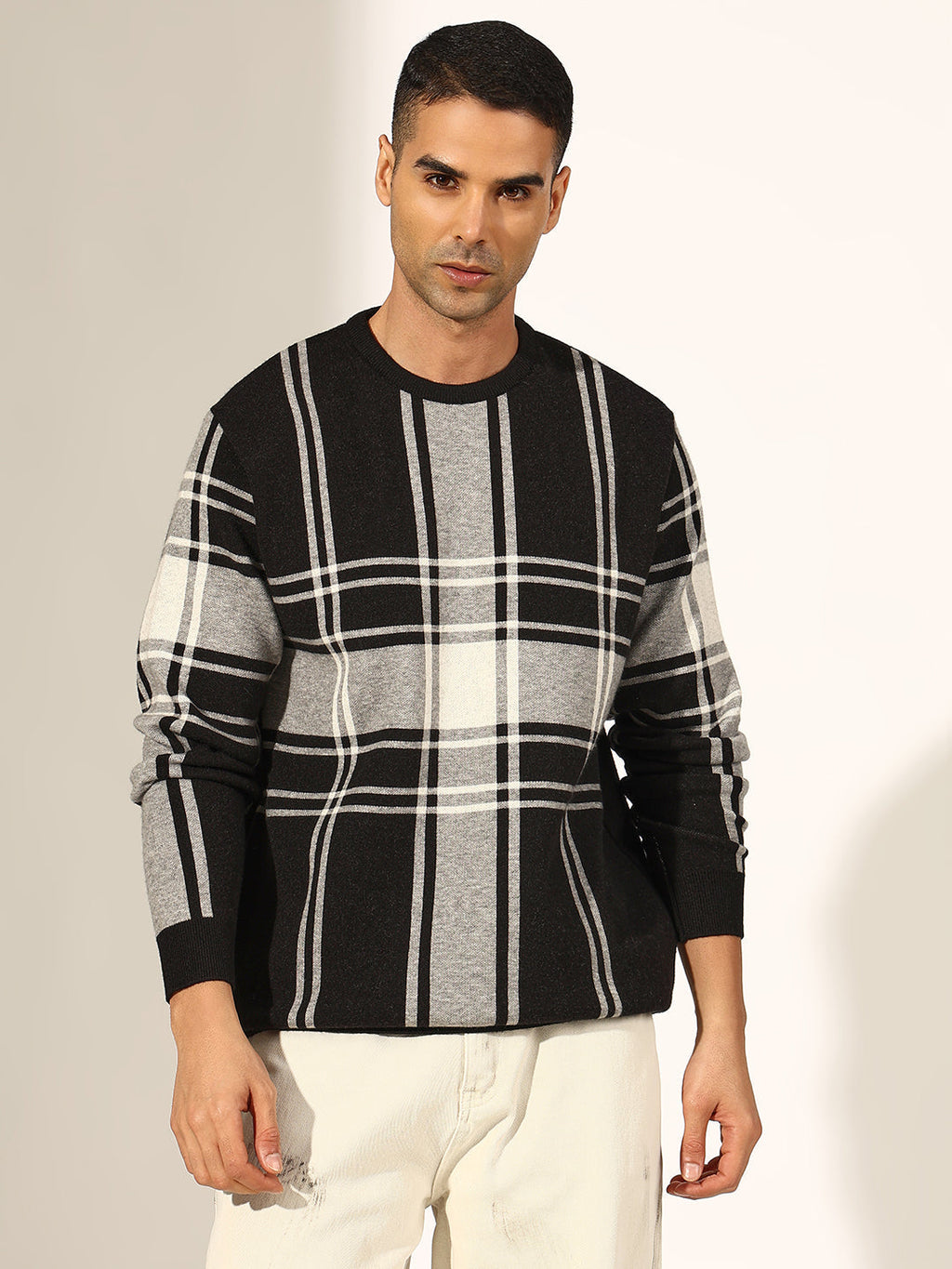 Men's Checked Black Ribbed Round Neck Sweater
