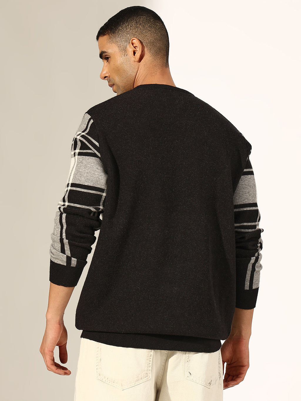Men's Checked Black Ribbed Round Neck Sweater