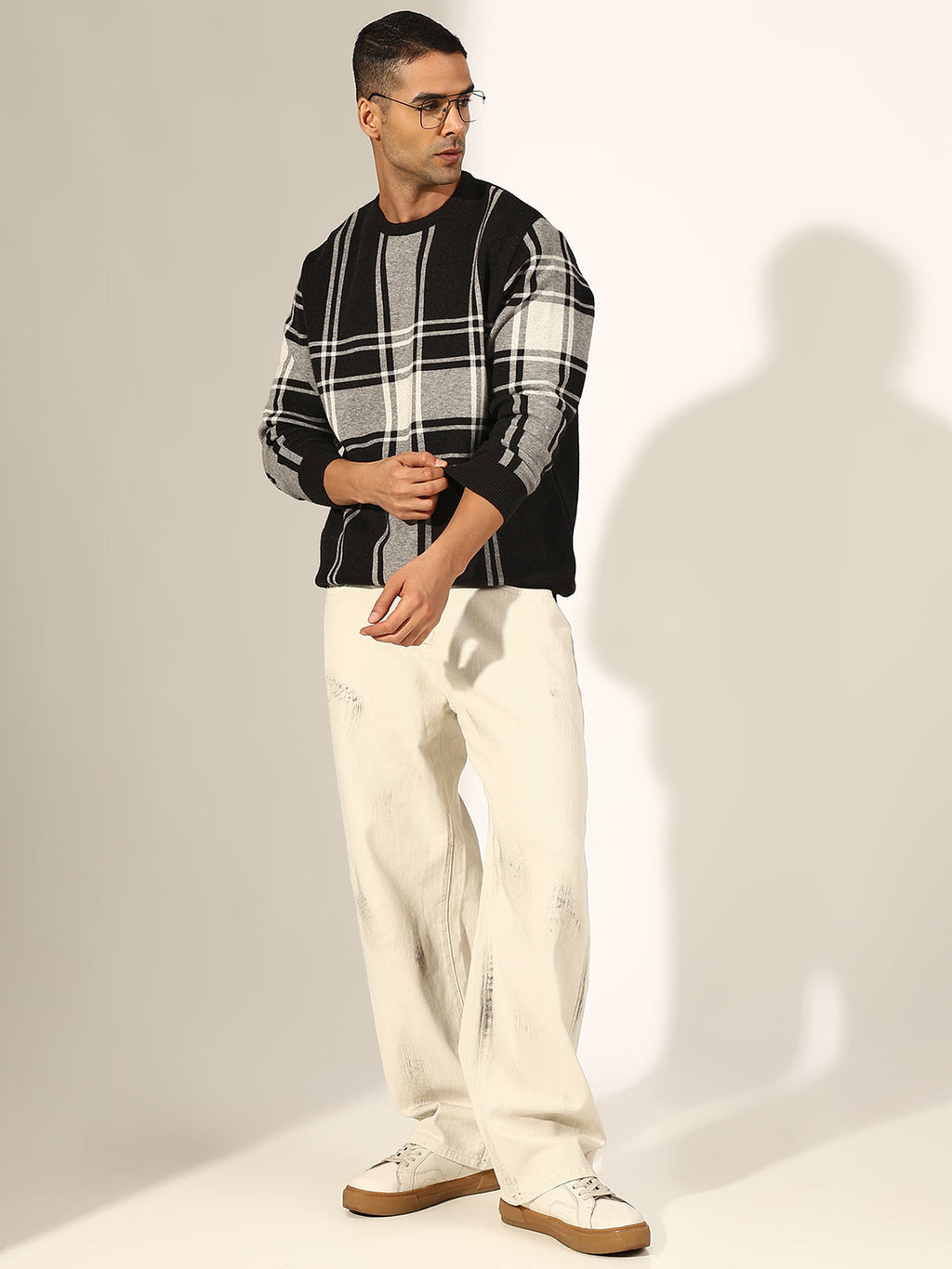 Men's Checked Black Ribbed Round Neck Sweater