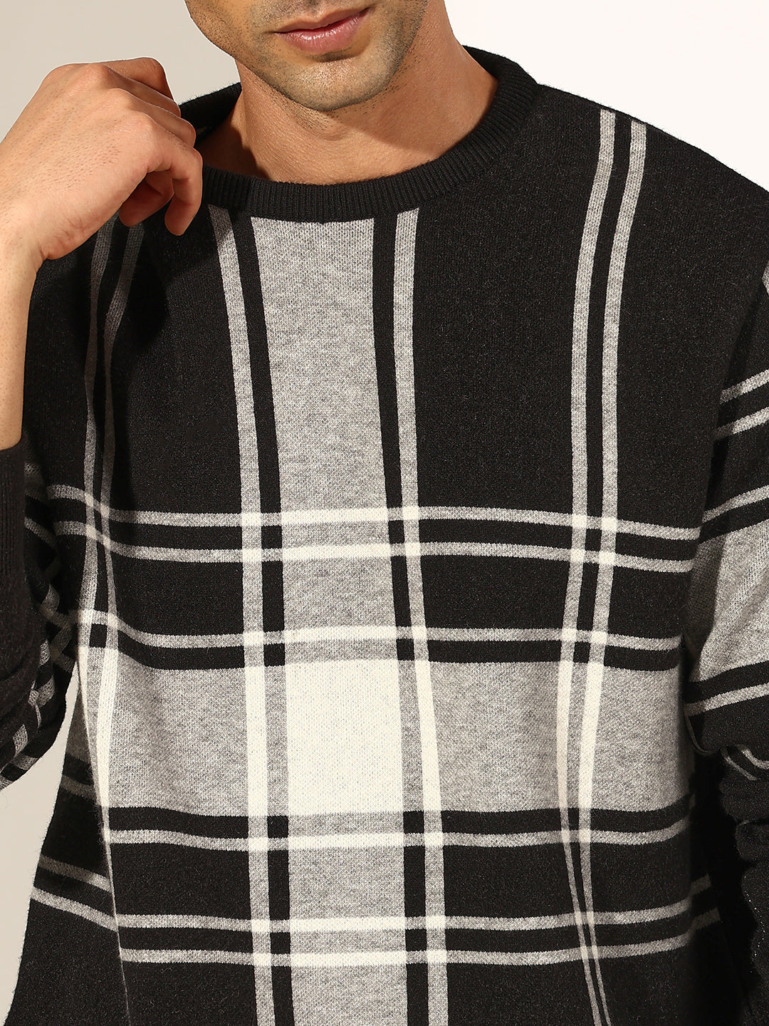 Men's Checked Black Ribbed Round Neck Sweater