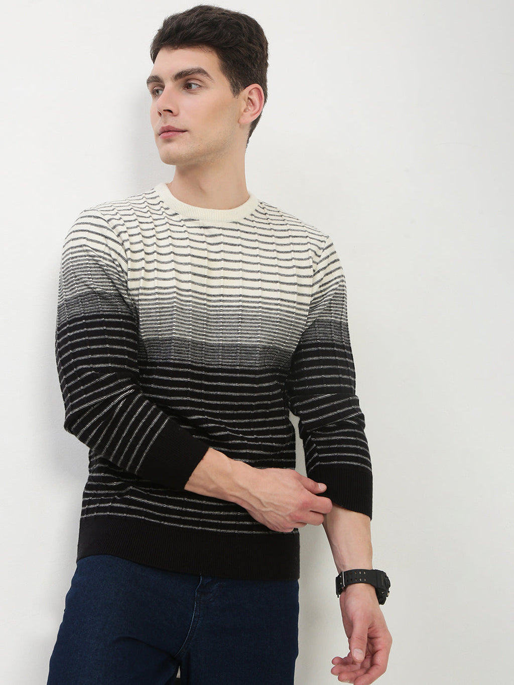 Men's Black Round Neck Striped Sweater
