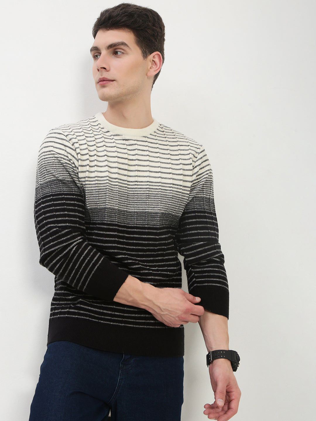 Men's Black Round Neck Striped Sweater