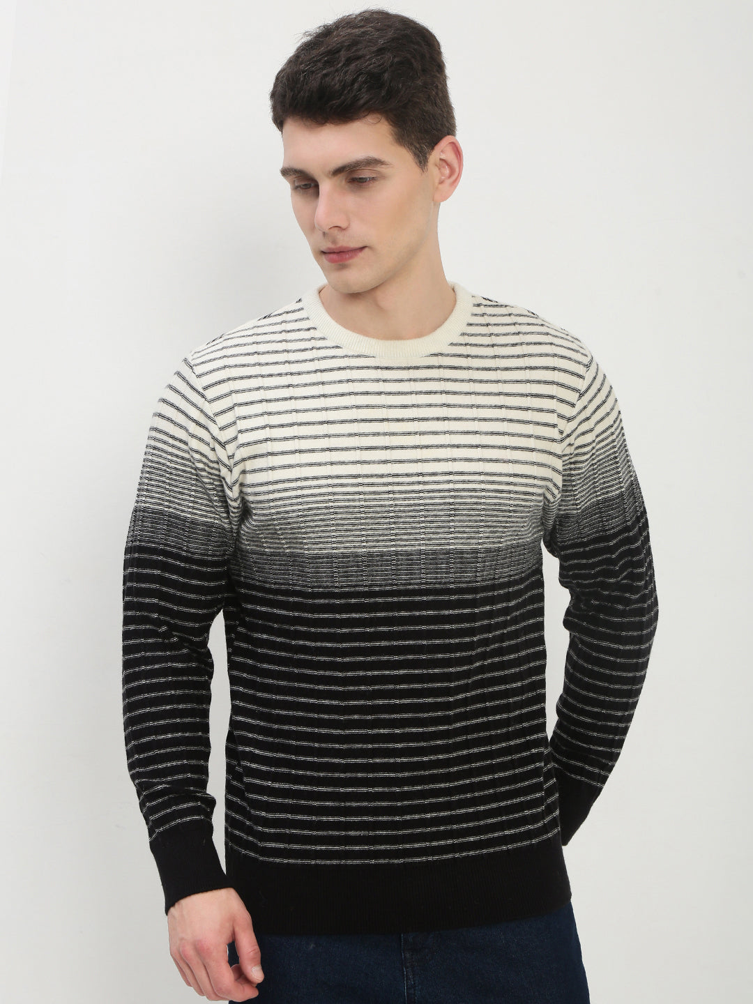 Men's Black Round Neck Striped Sweater