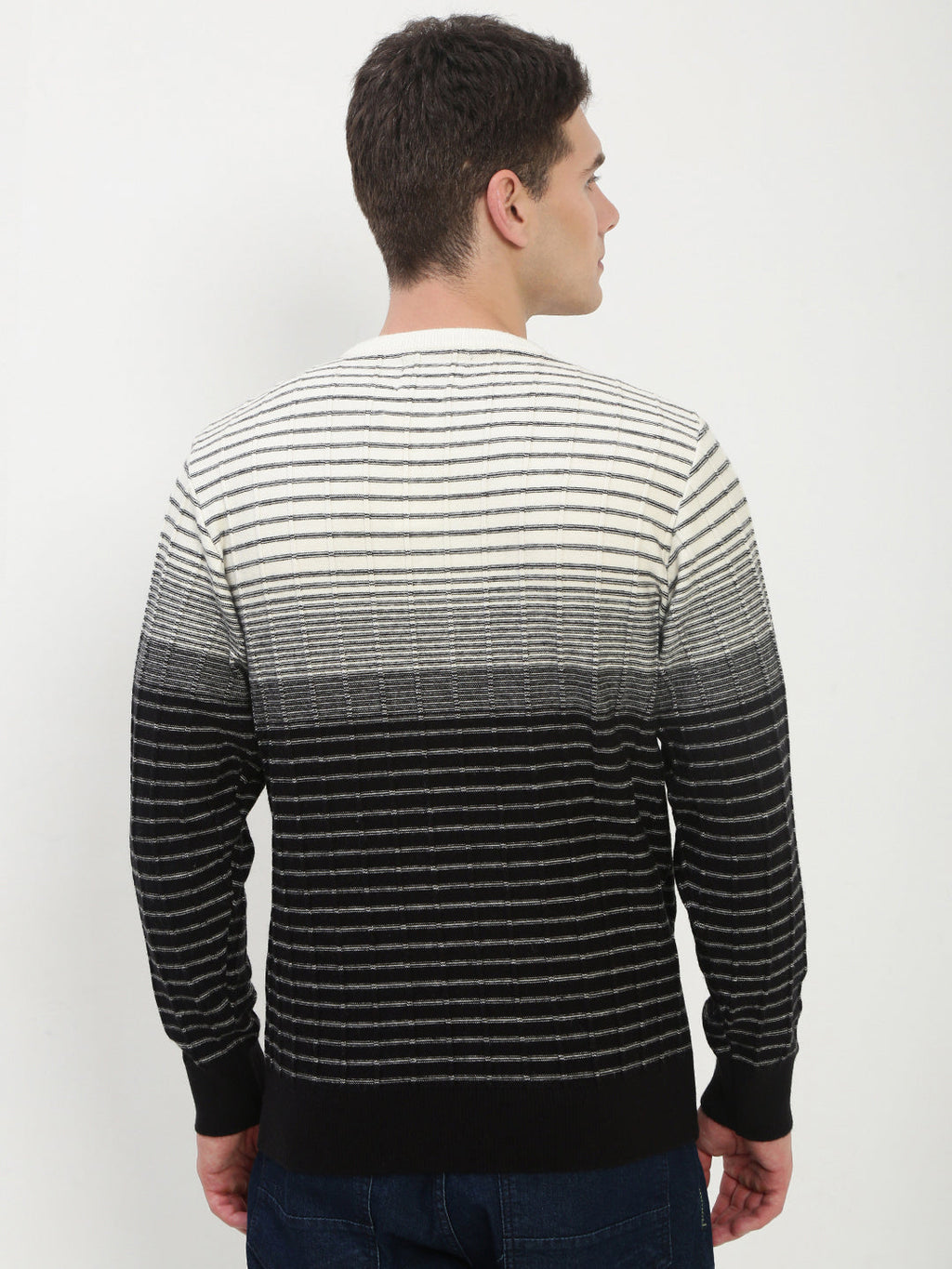 Men's Black Round Neck Striped Sweater