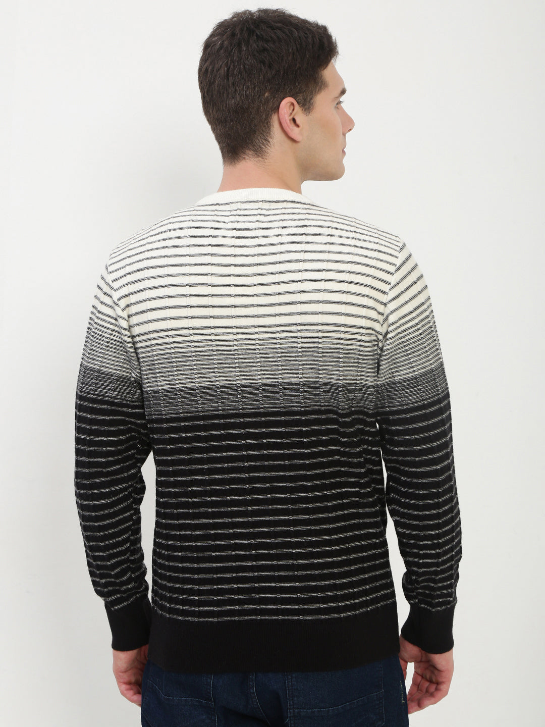 Men's Black Round Neck Striped Sweater