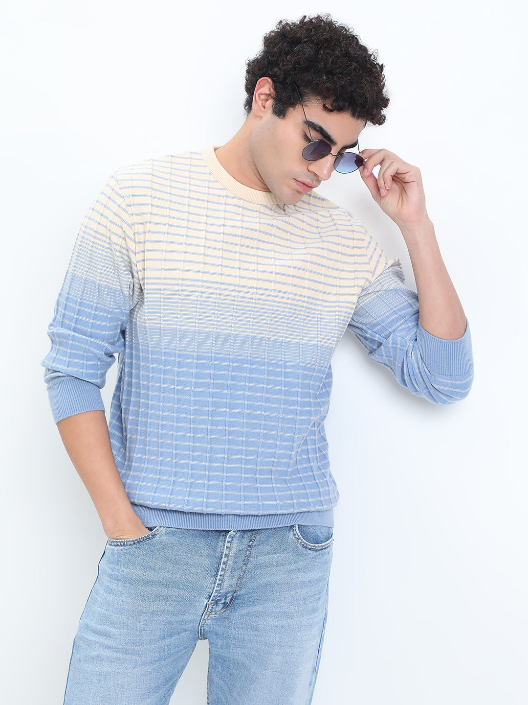 Men's Textured Blue Ombre Ribbed Round Neck Sweater