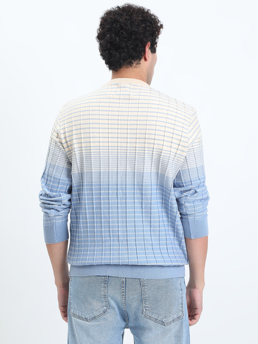 Men's Textured Blue Ombre Ribbed Round Neck Sweater