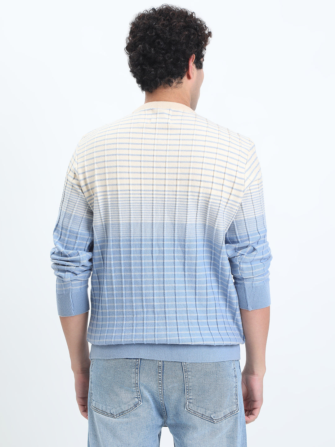 Men's Textured Blue Ombre Ribbed Round Neck Sweater