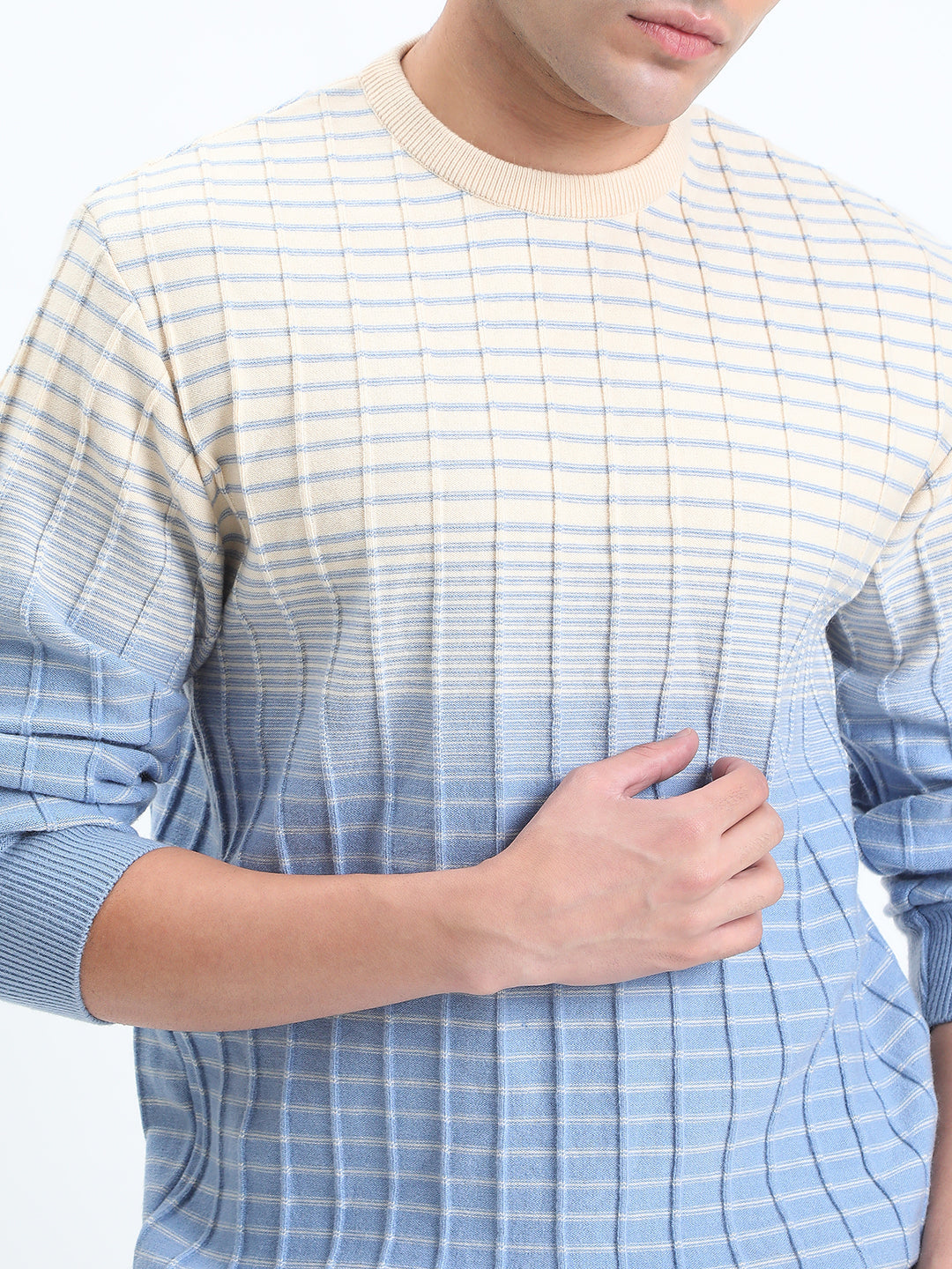 Men's Textured Blue Ombre Ribbed Round Neck Sweater