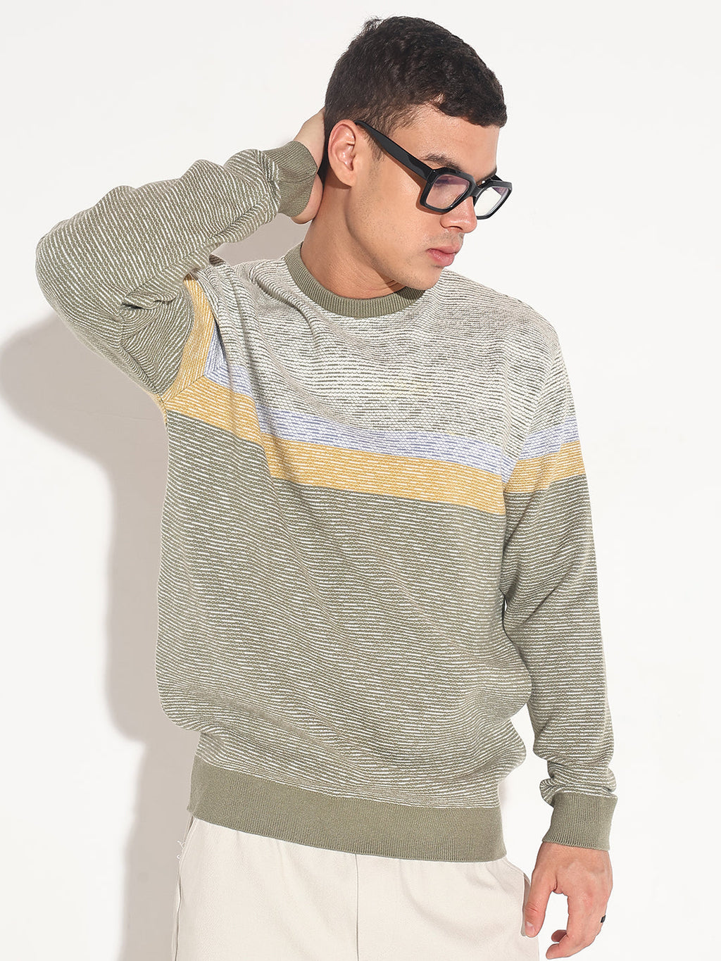 Men's Striped Green Ribbed Round Neck Sweater