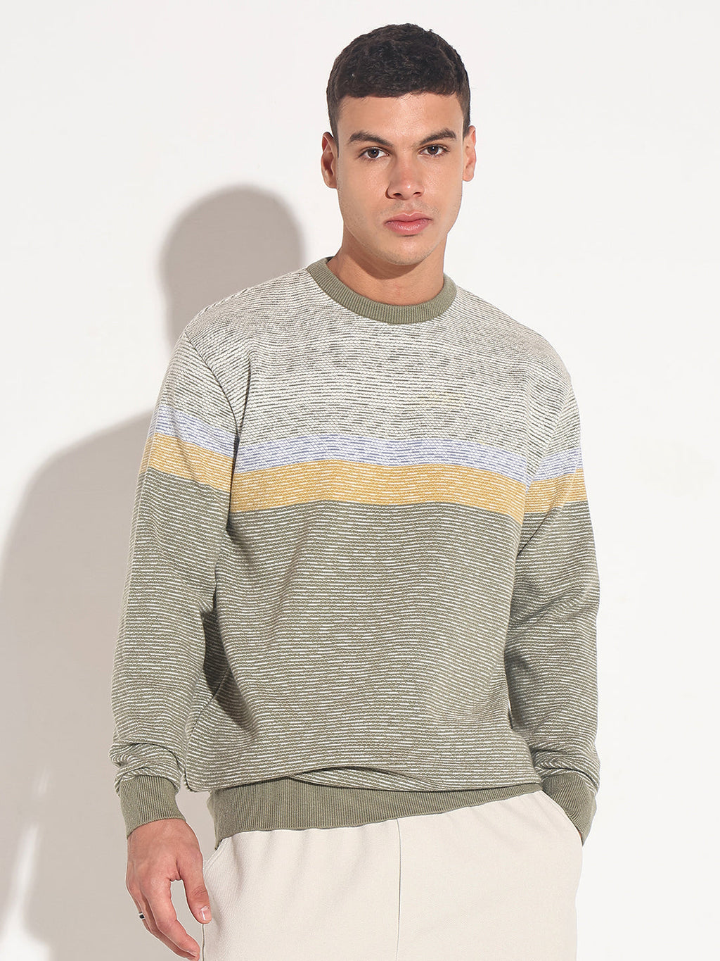 Men's Striped Green Ribbed Round Neck Sweater