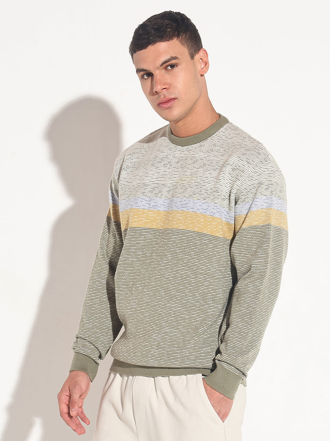 Men's Striped Green Ribbed Round Neck Sweater