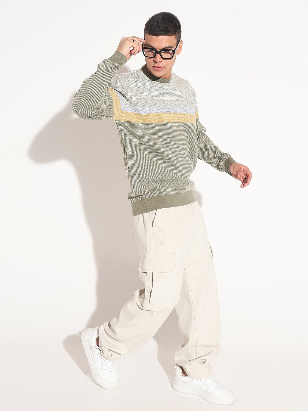 Men's Striped Green Ribbed Round Neck Sweater