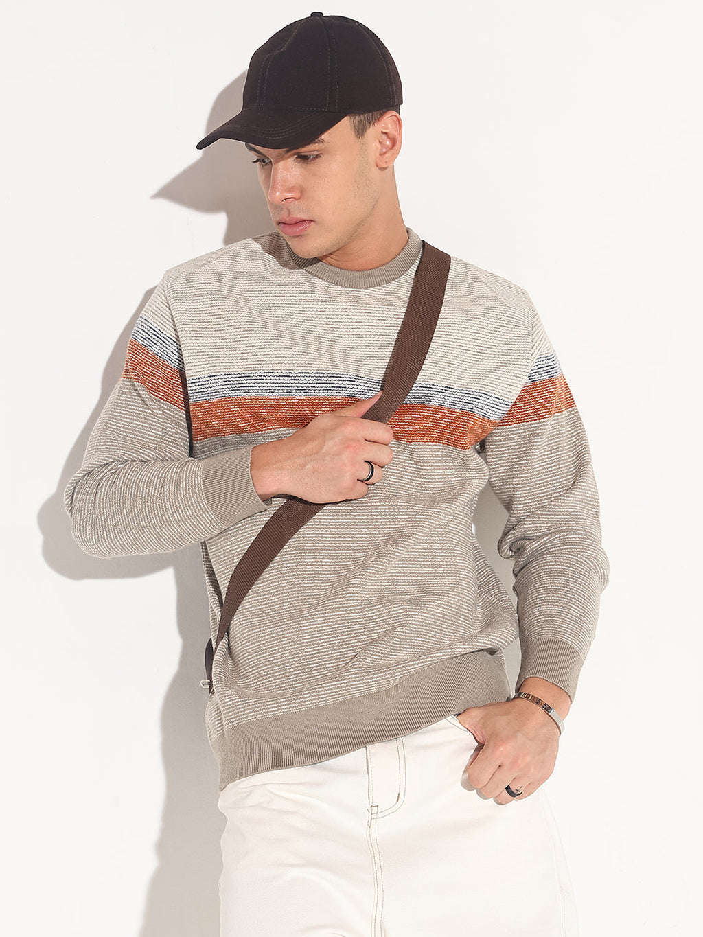 Men's Striped Grey Ribbed Round Neck Sweater