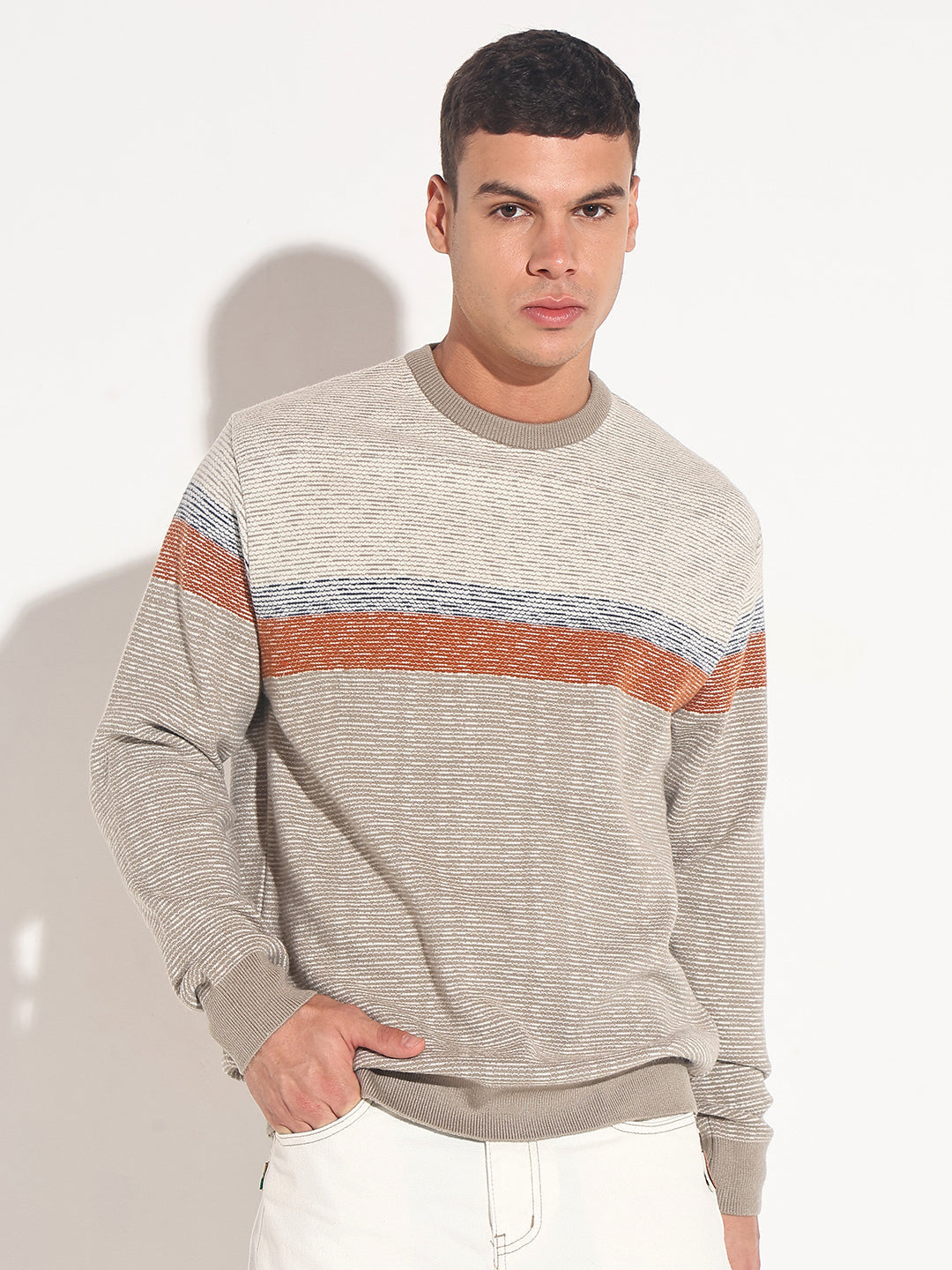 Men's Striped Grey Ribbed Round Neck Sweater