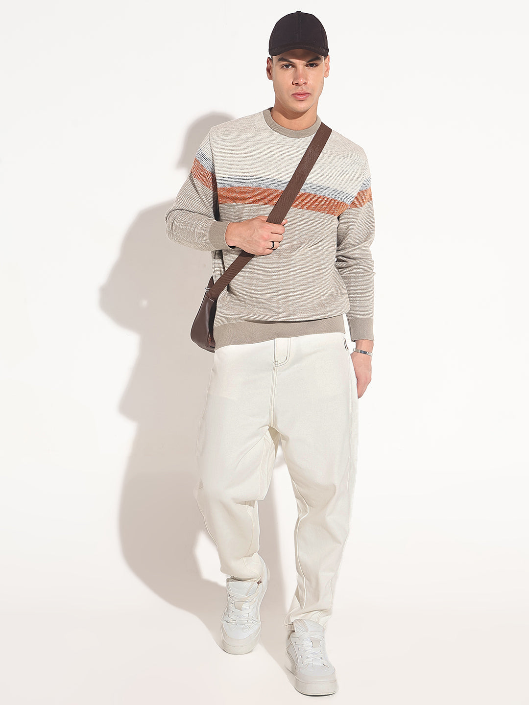 Men's Striped Grey Ribbed Round Neck Sweater