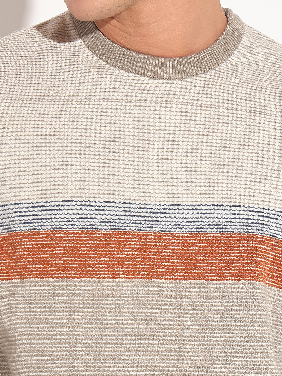 Men's Striped Grey Ribbed Round Neck Sweater