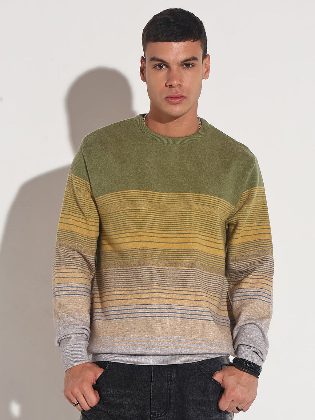 Men's Striped Green Ribbed Round Neck Sweater