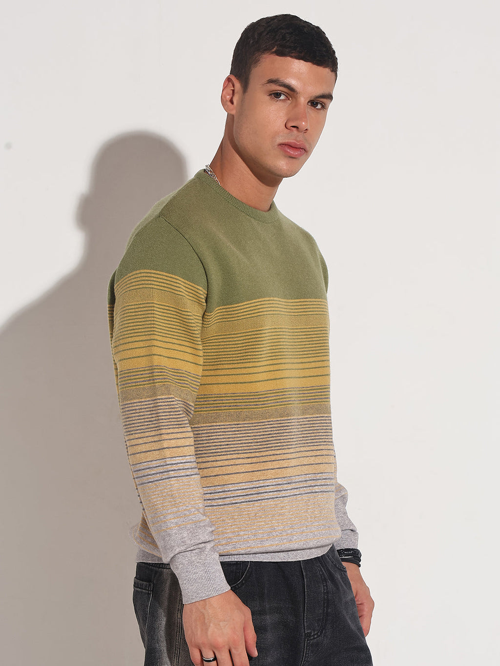 Men's Striped Green Ribbed Round Neck Sweater