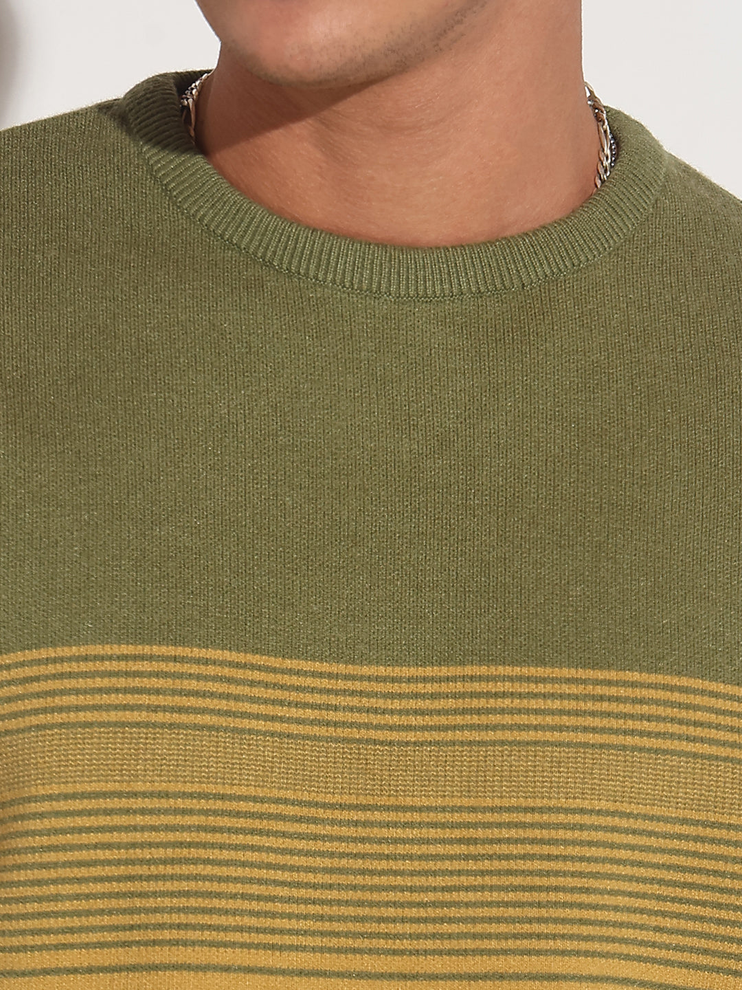 Men's Striped Green Ribbed Round Neck Sweater