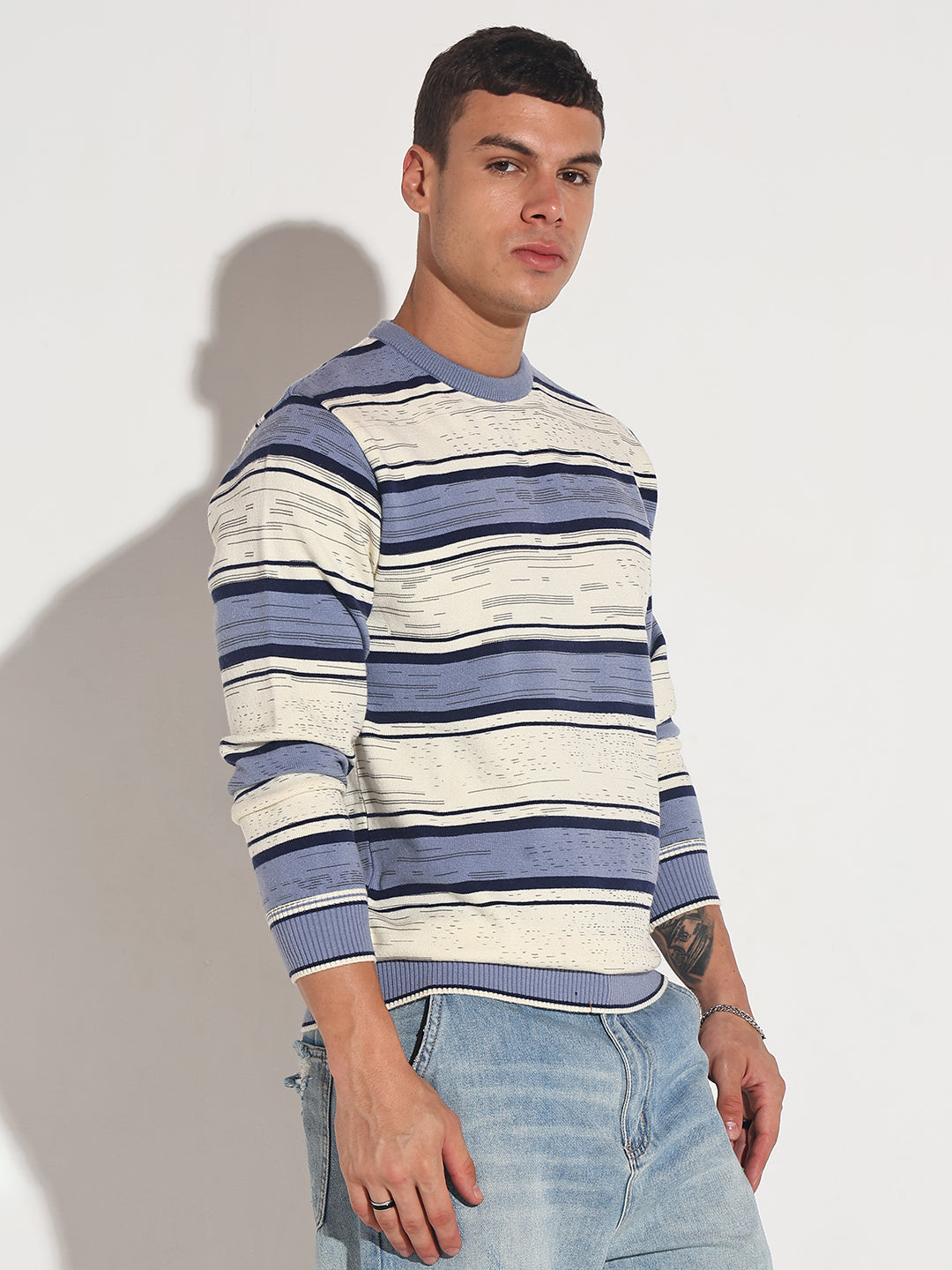 Men's Striped Blue Ribbed Round Neck Sweater