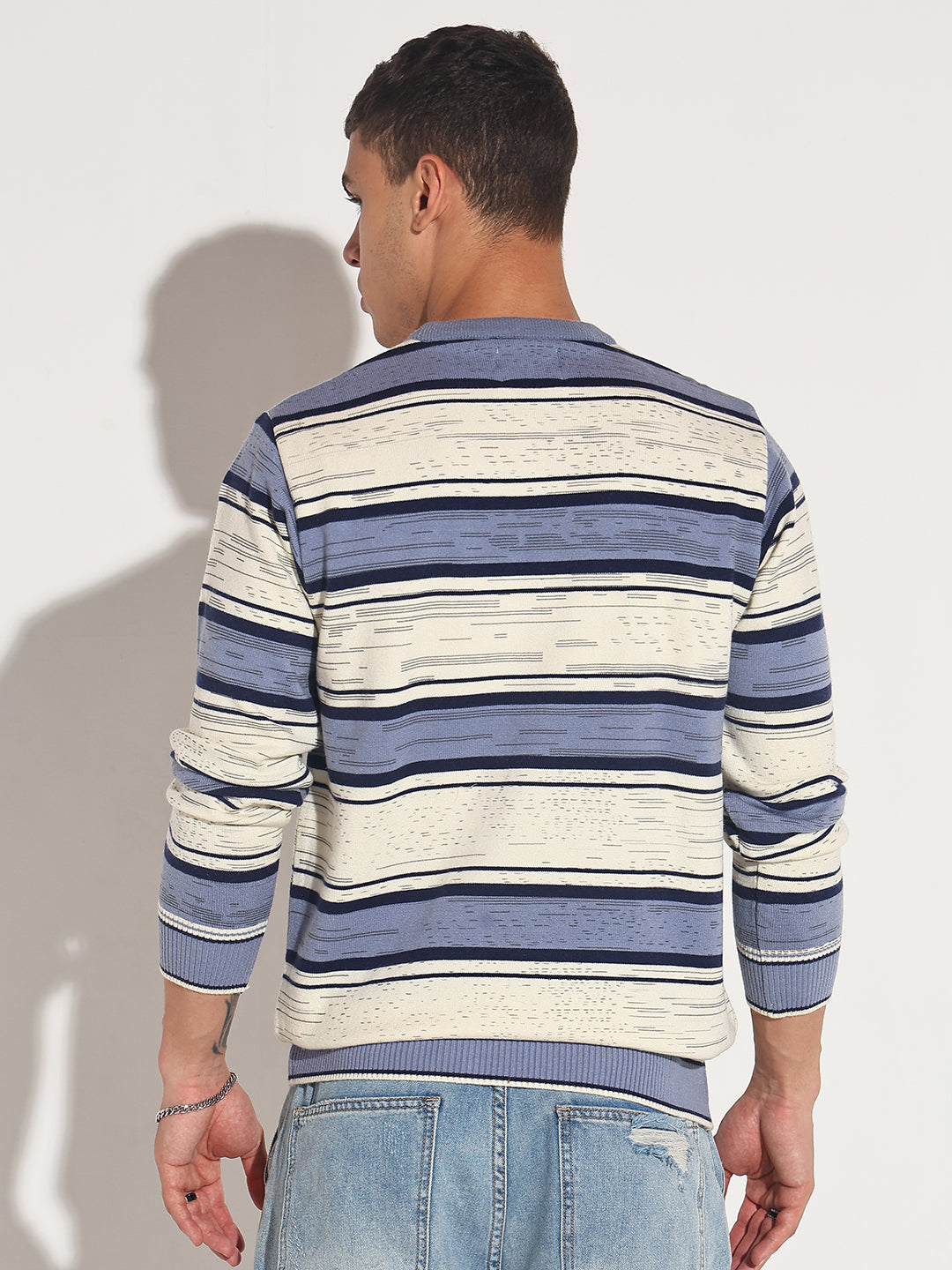 Men's Striped Blue Ribbed Round Neck Sweater
