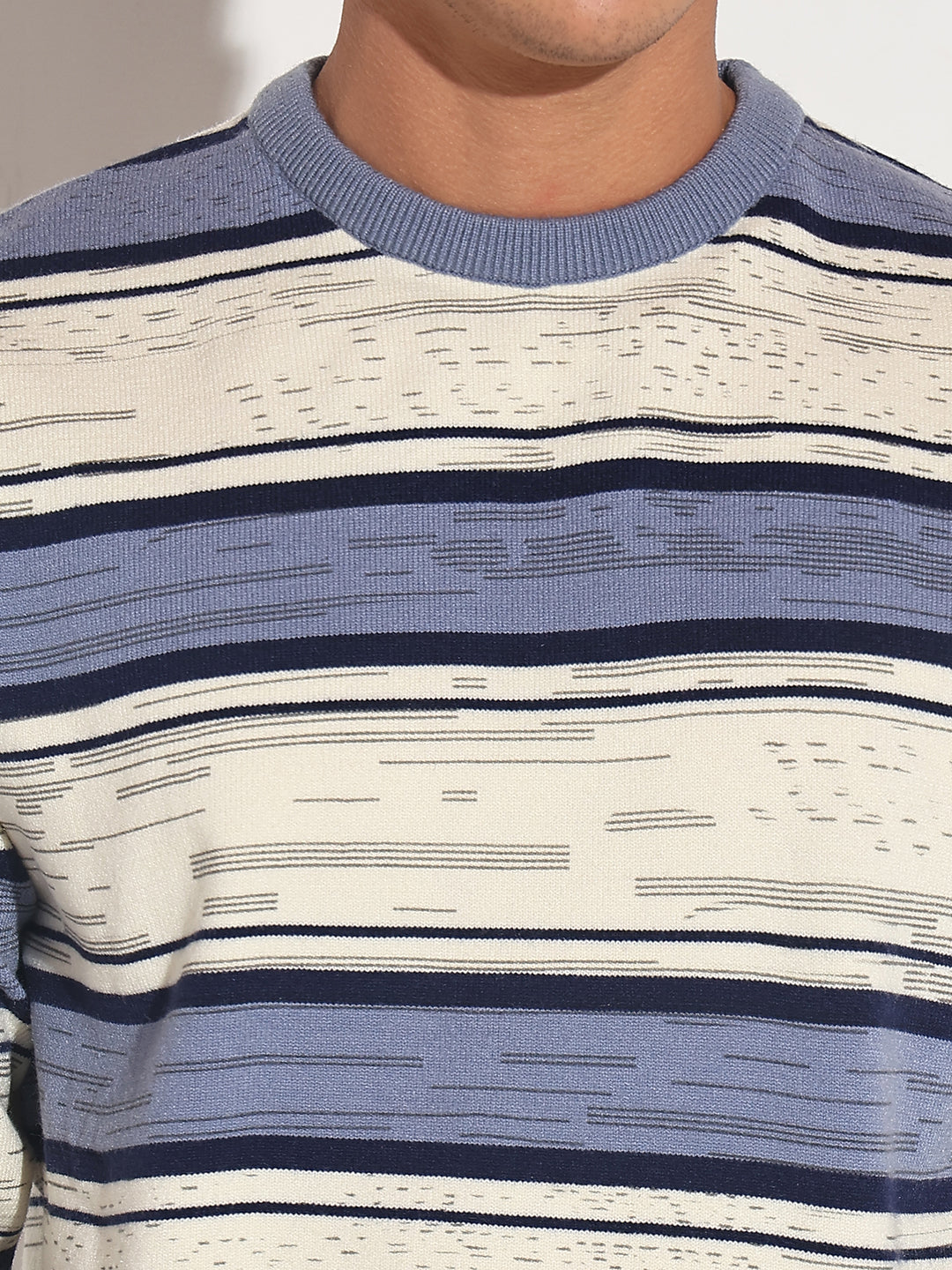 Men's Striped Blue Ribbed Round Neck Sweater