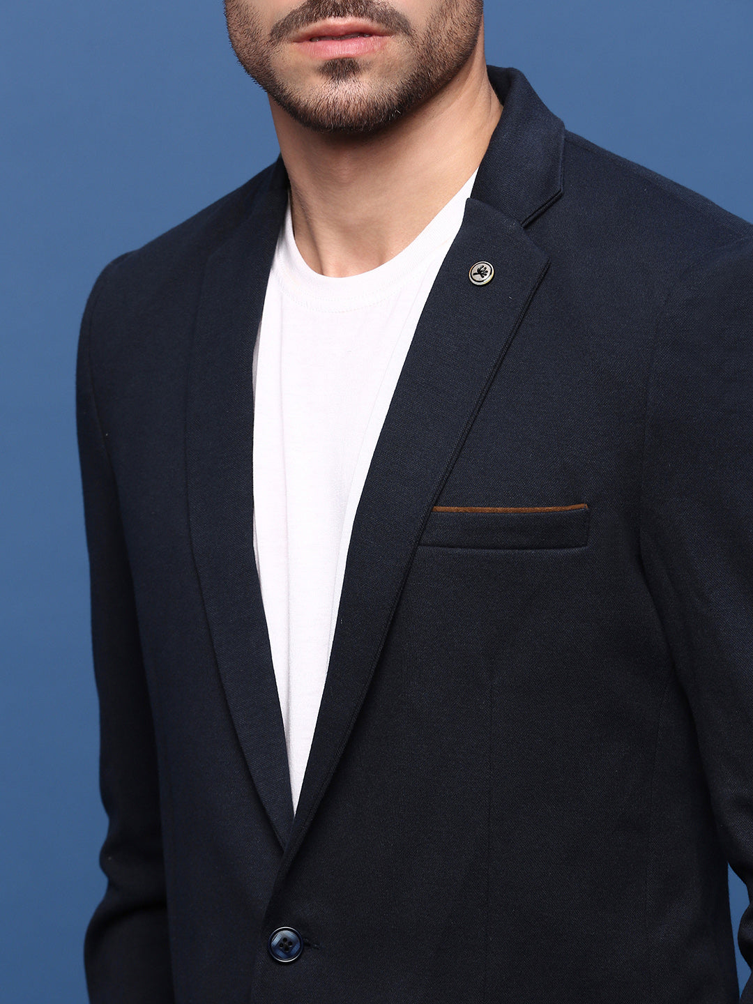 Men's Navy Blue Solid Single Breasted Blazer