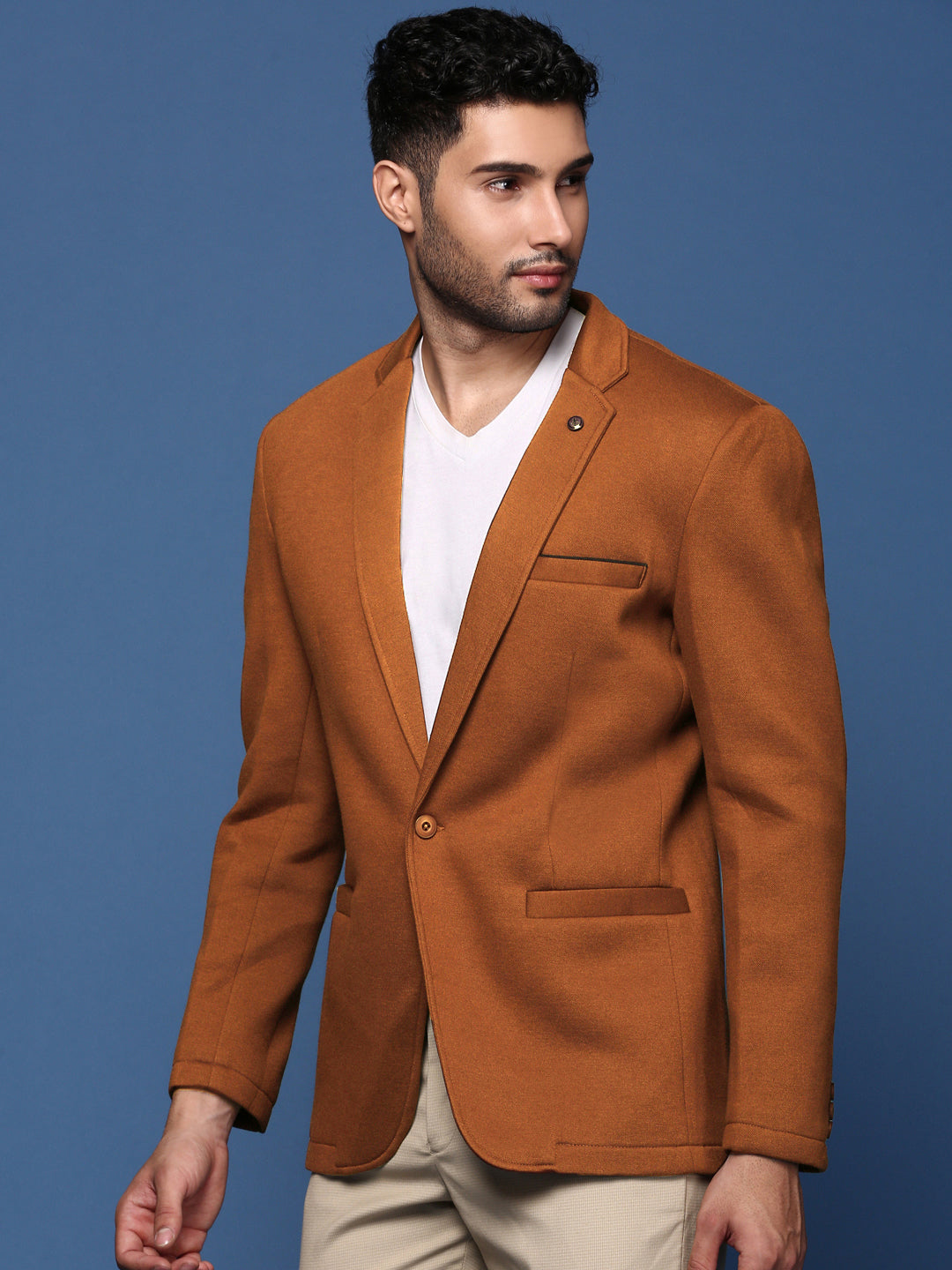 Men's Camel Brown Solid Single Breasted Blazer
