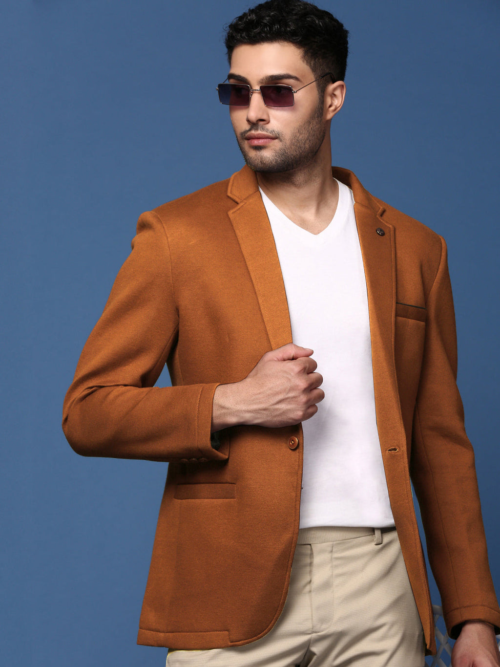 Men's Camel Brown Solid Single Breasted Blazer