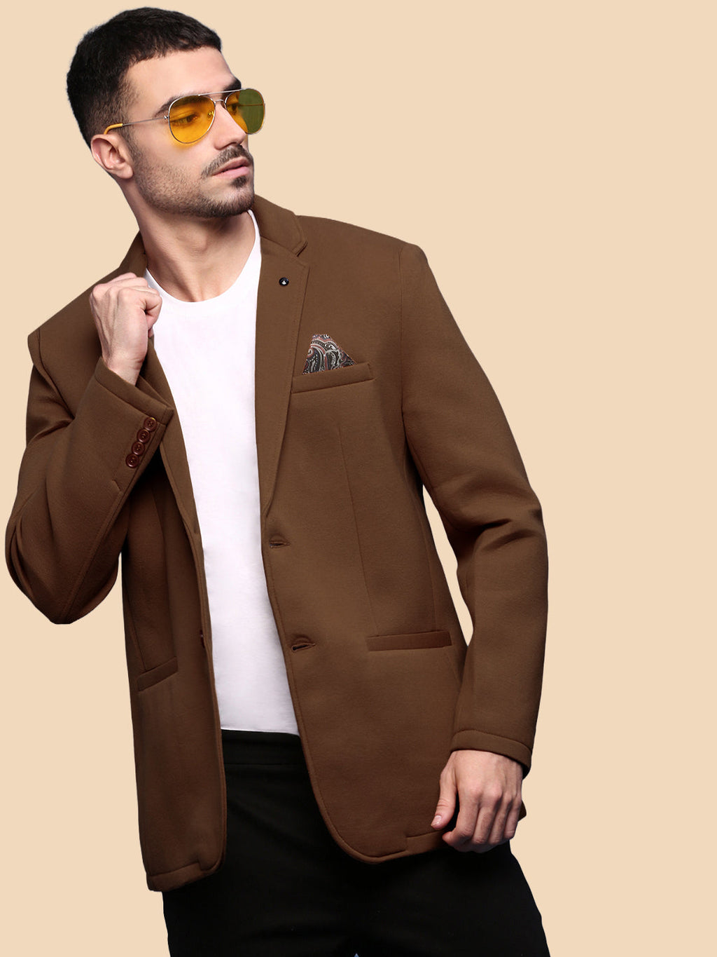 Men's Brown Single-Breasted Slim Fit Blazer with Notched Lapel