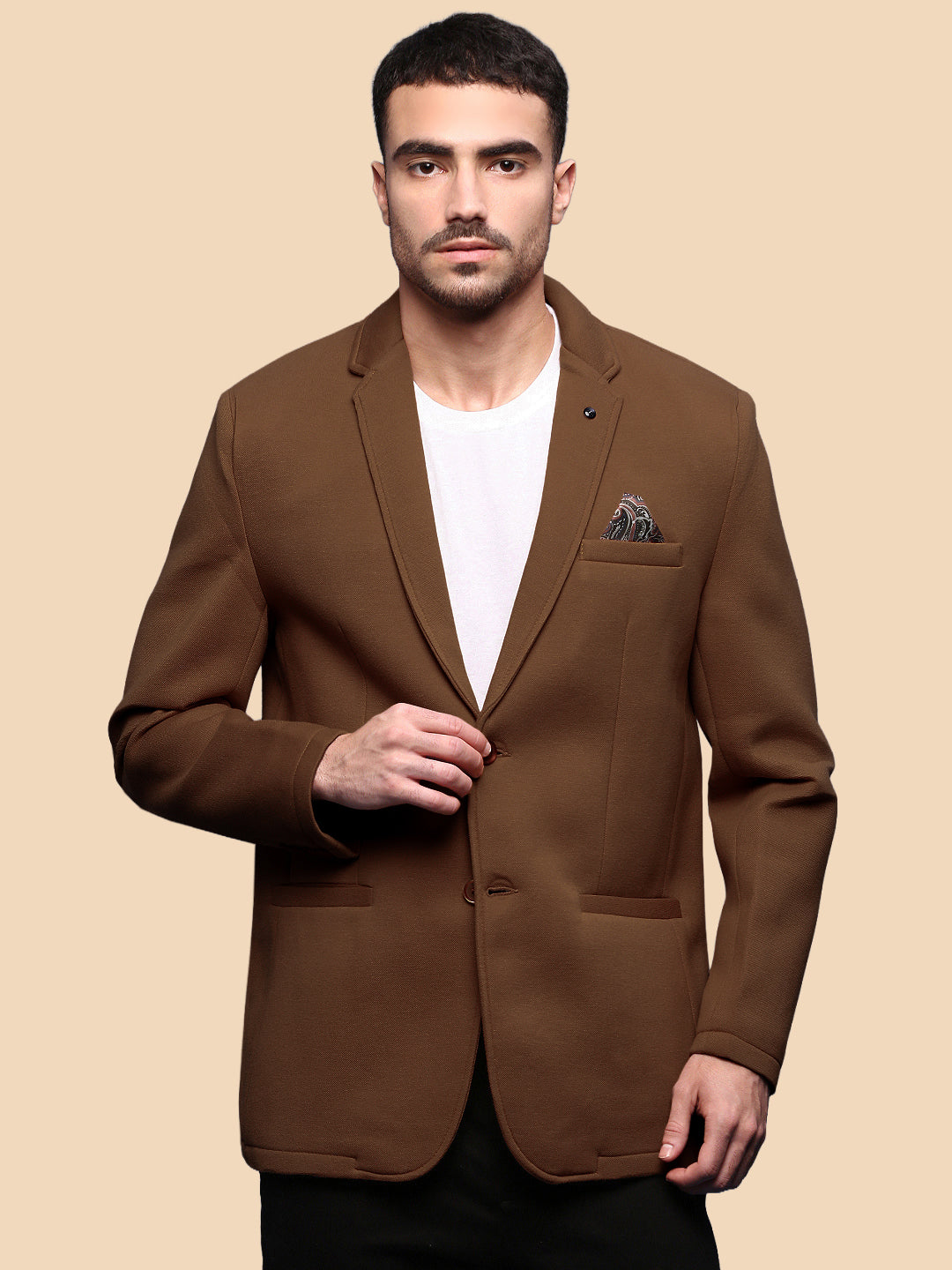 Men's Brown Single-Breasted Slim Fit Blazer with Notched Lapel