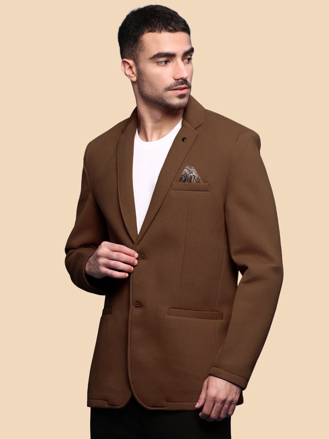 Men's Brown Single-Breasted Slim Fit Blazer with Notched Lapel