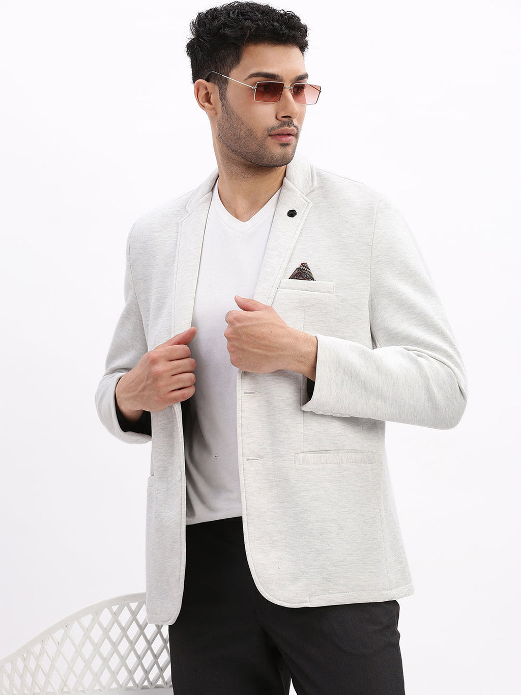 Men's Grey Single-Breasted Slim Fit Blazer with Notched Lapel