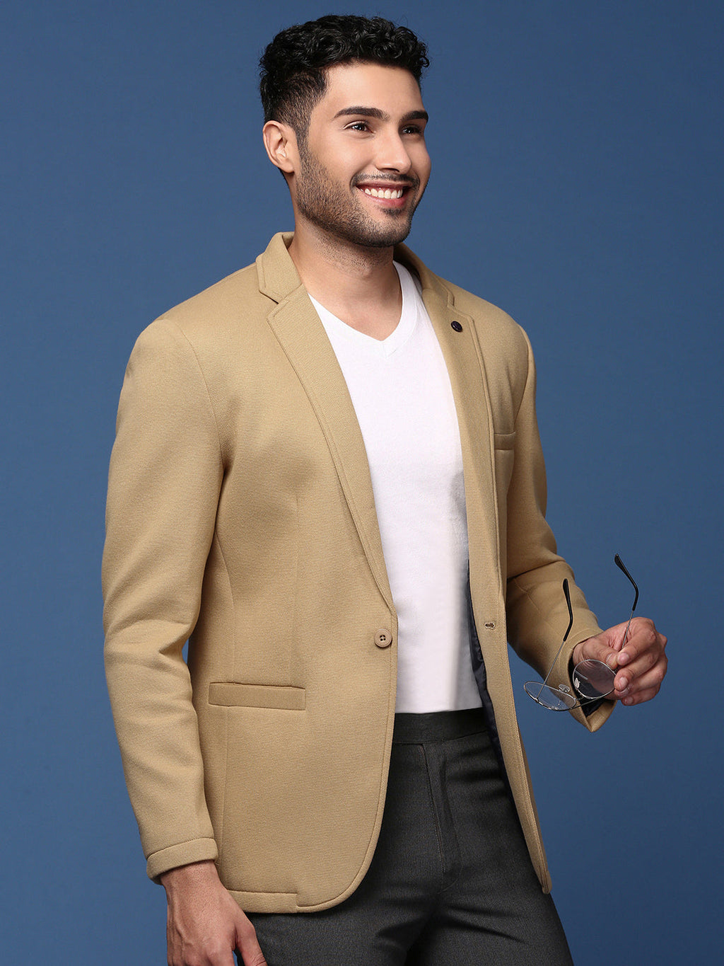 Men's Khaki Single-Breasted Slim Fit Blazer with Notched Lapel