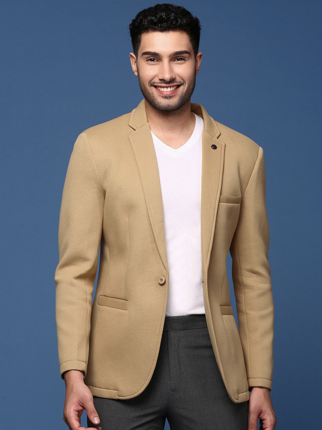 Men's Khaki Single-Breasted Slim Fit Blazer with Notched Lapel