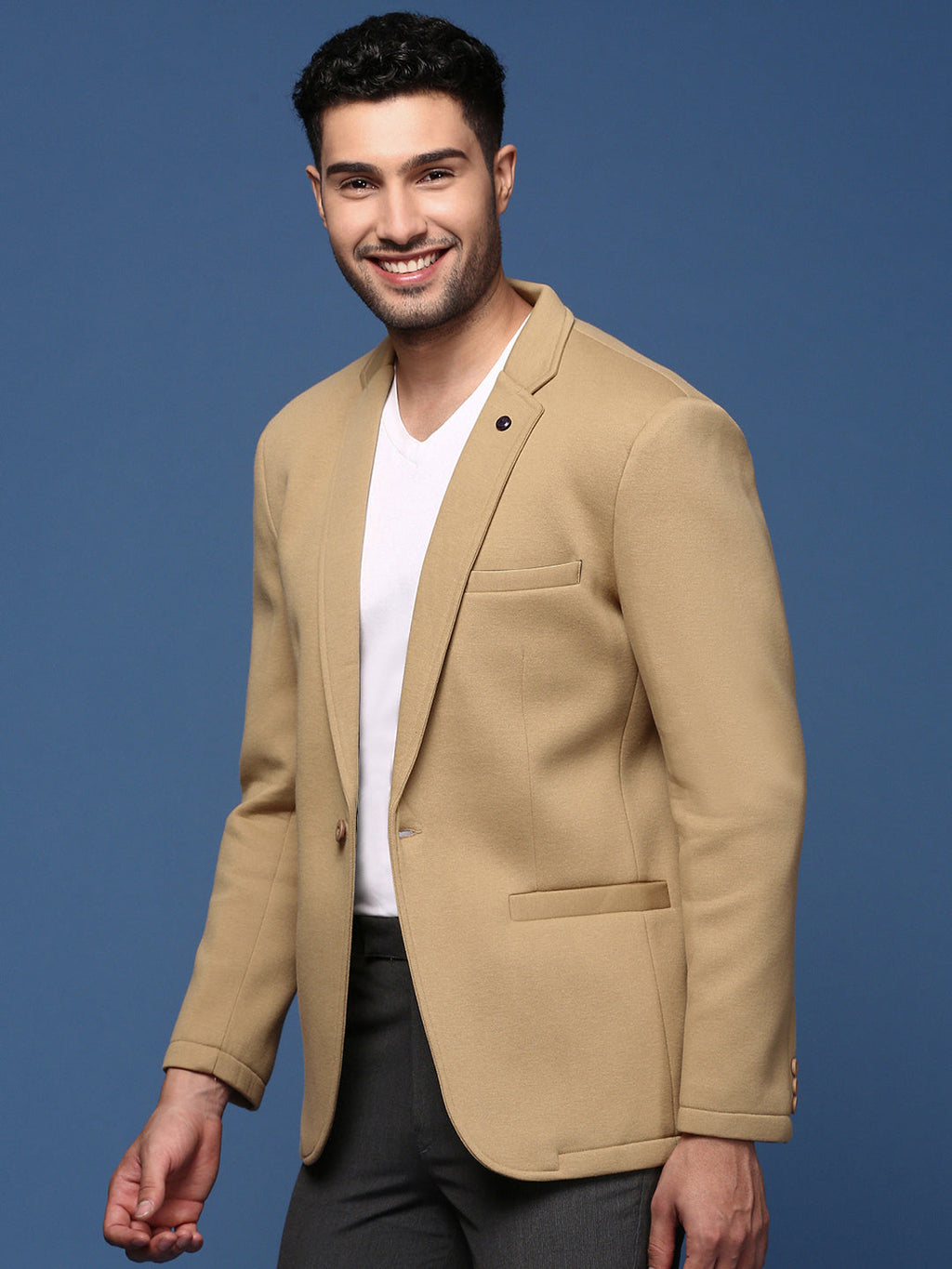 Men's Khaki Single-Breasted Slim Fit Blazer with Notched Lapel