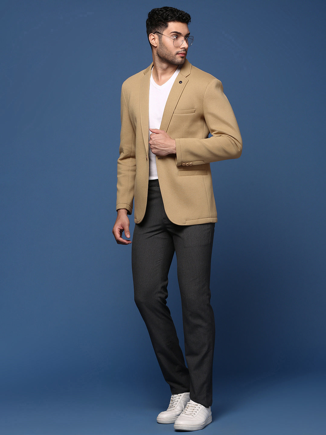 Men's Khaki Single-Breasted Slim Fit Blazer with Notched Lapel