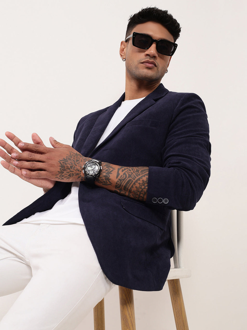 Men's Navy Blue Solid Single Breasted Blazer