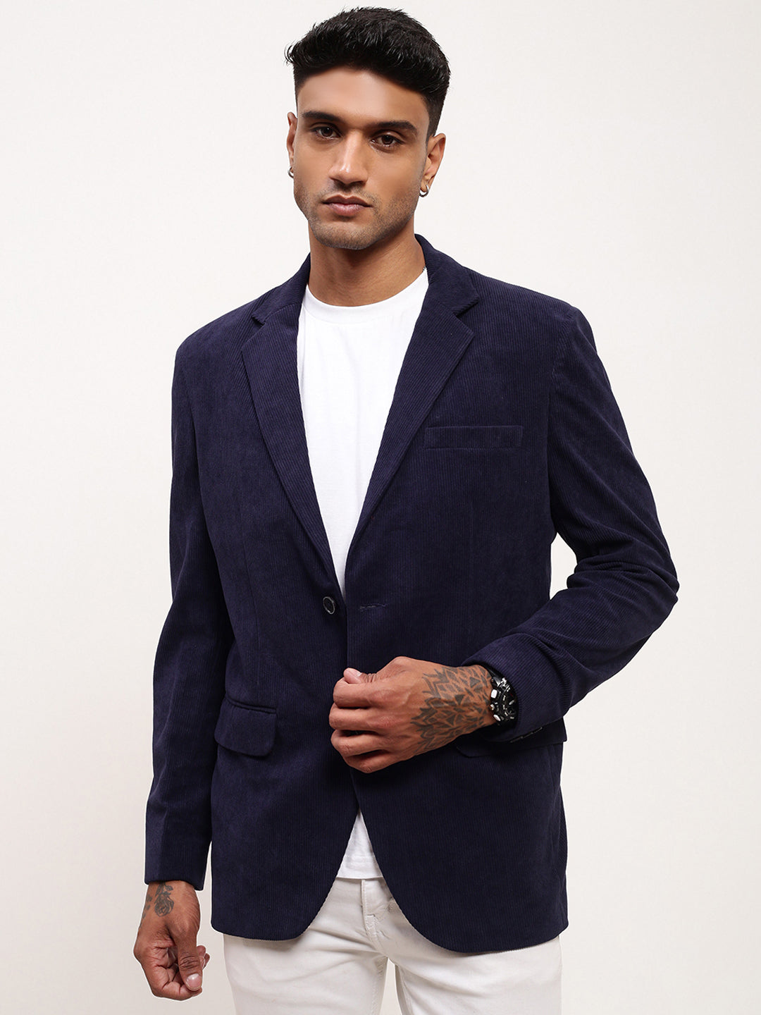 Men's Navy Blue Solid Single Breasted Blazer